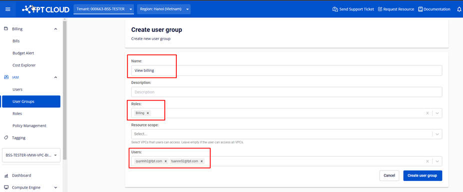 Create user group with billing role