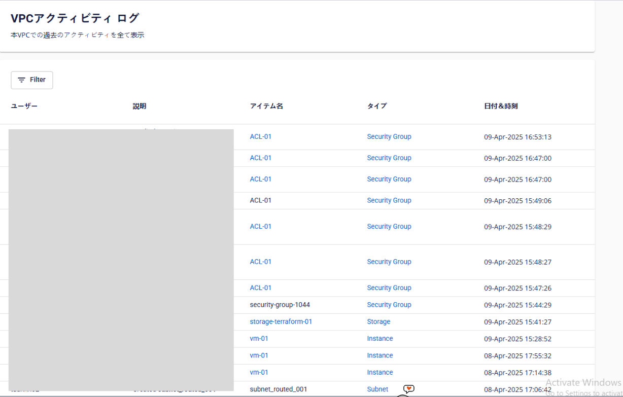 VPC Activity log recording all actions on the VPC