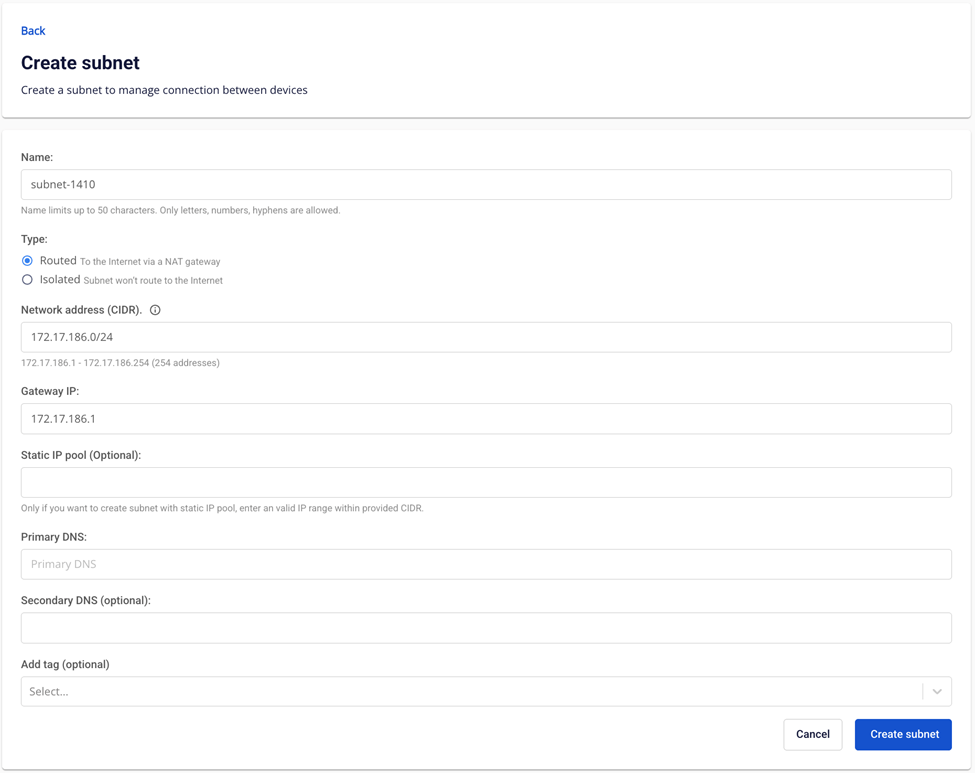 Create subnet dialog
