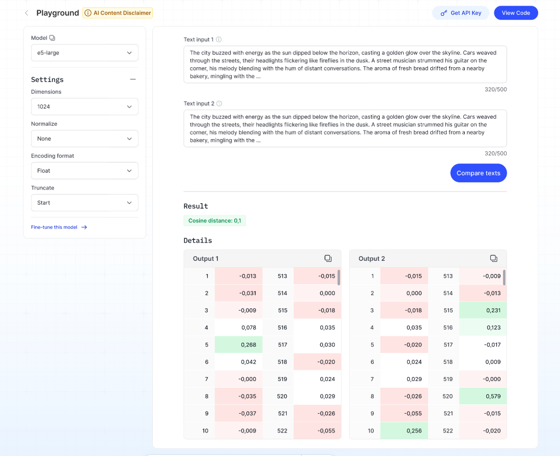 Embedding playground interface with input type and encoding format dropdowns