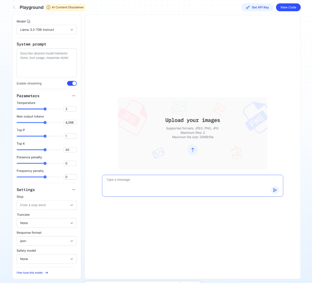 VLM playground interface with image upload and question input