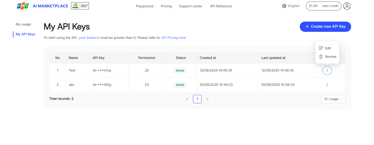 Revoke API key confirmation dialog