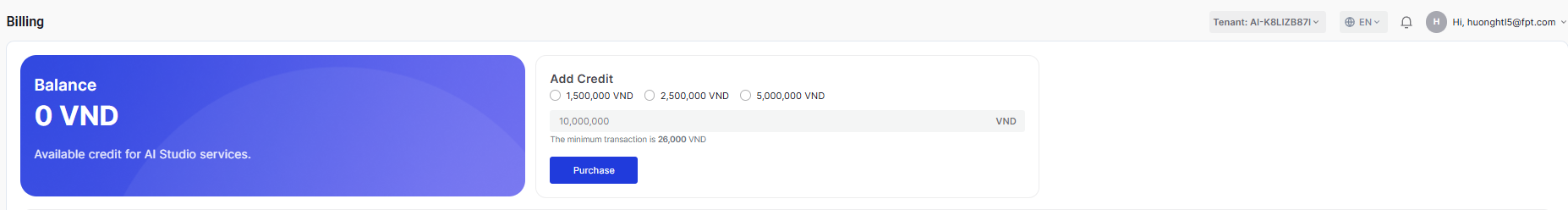 Hộp thoại mua credit với các mức tiền gợi ý và ô nhập tùy chỉnh