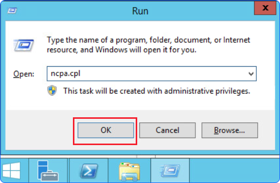 Hộp thoại Run với lệnh ncpa.cpl