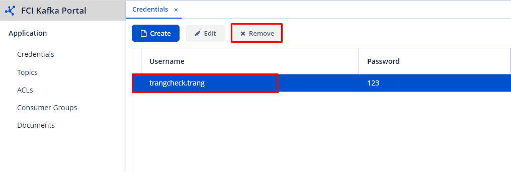 Màn hình danh sách credential với nút Remove