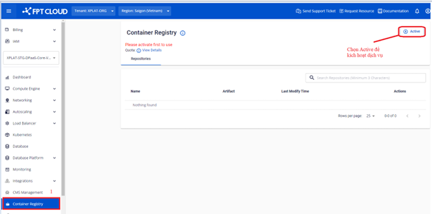Màn hình kích hoạt Container Registry