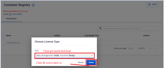 Chọn gói dịch vụ Container Registry