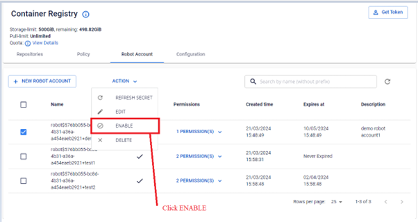 Chọn ACTION ENABLE