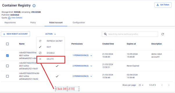 Chọn ACTION DELETE