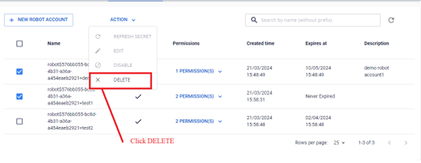 Chọn nhiều robot account để xóa