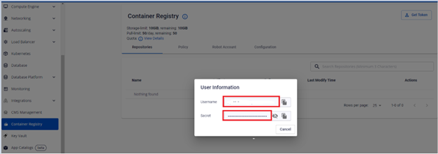 Màn hình lấy token Container Registry