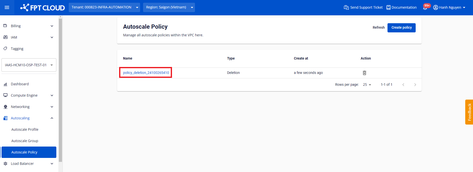 Nhấn vào tên policy để xem chi tiết