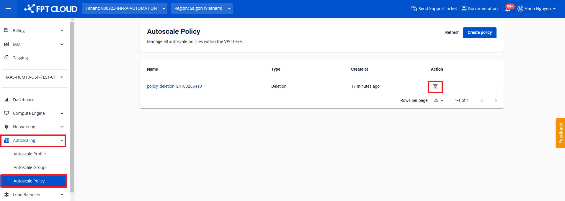 Biểu tượng xóa Policy