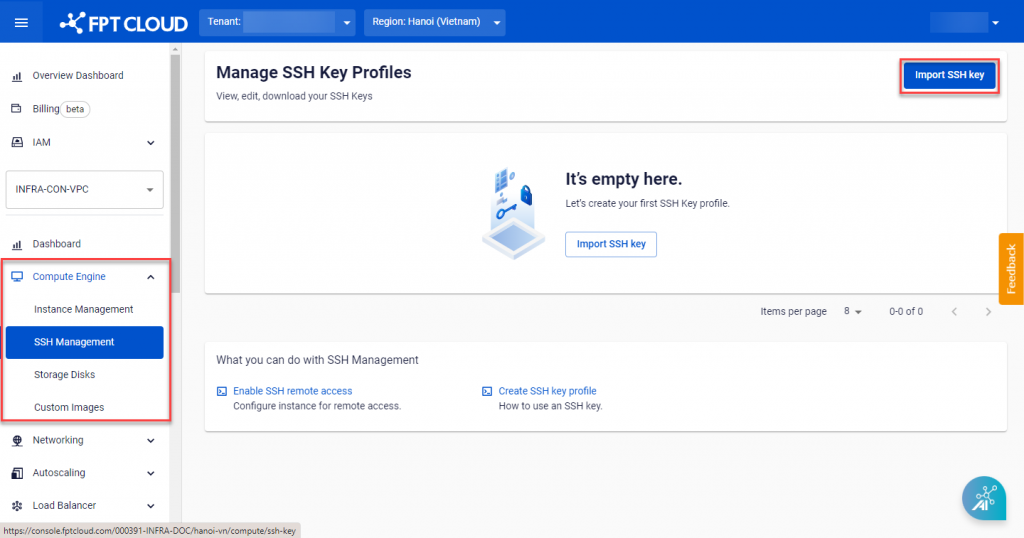 Màn hình SSH Management với nút Import SSH key
