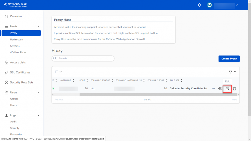 Chọn Edit proxy host