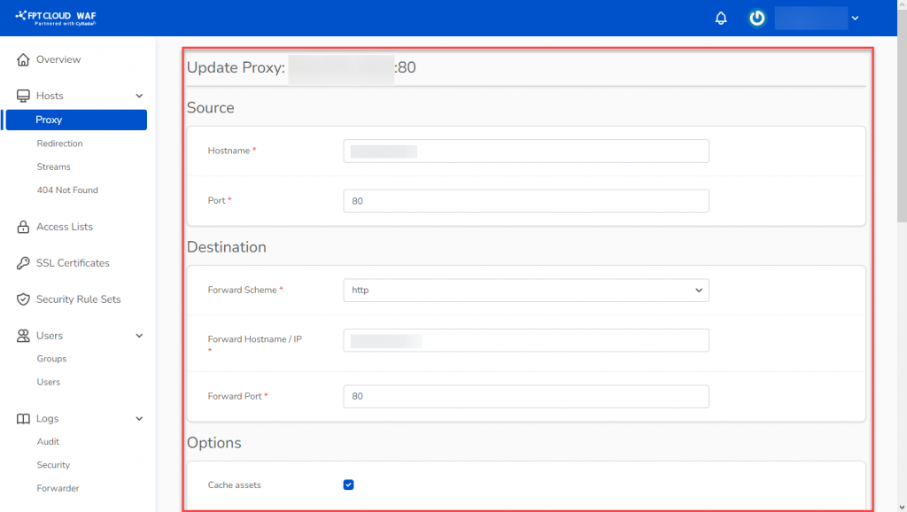 Chỉnh sửa thông tin proxy host