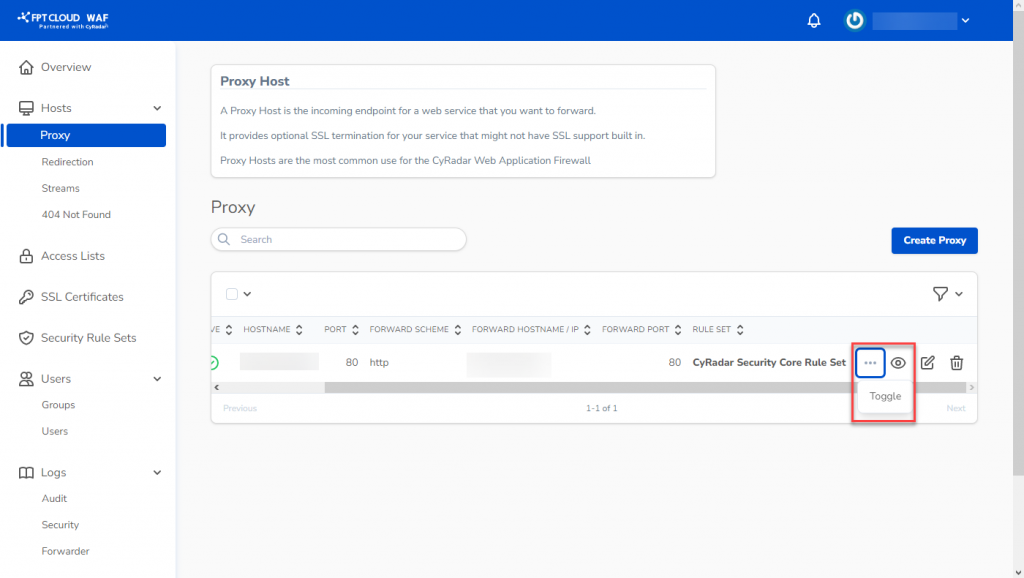 Chọn Toggle proxy host