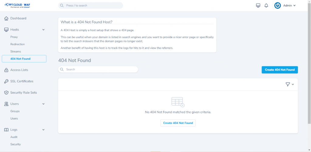 Màn hình quản lý 404 host