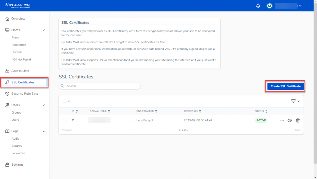 Màn hình quản lý SSL certificate
