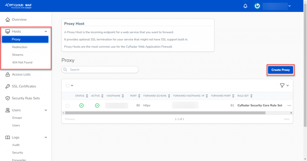 Màn hình Proxy Host — tạo mới