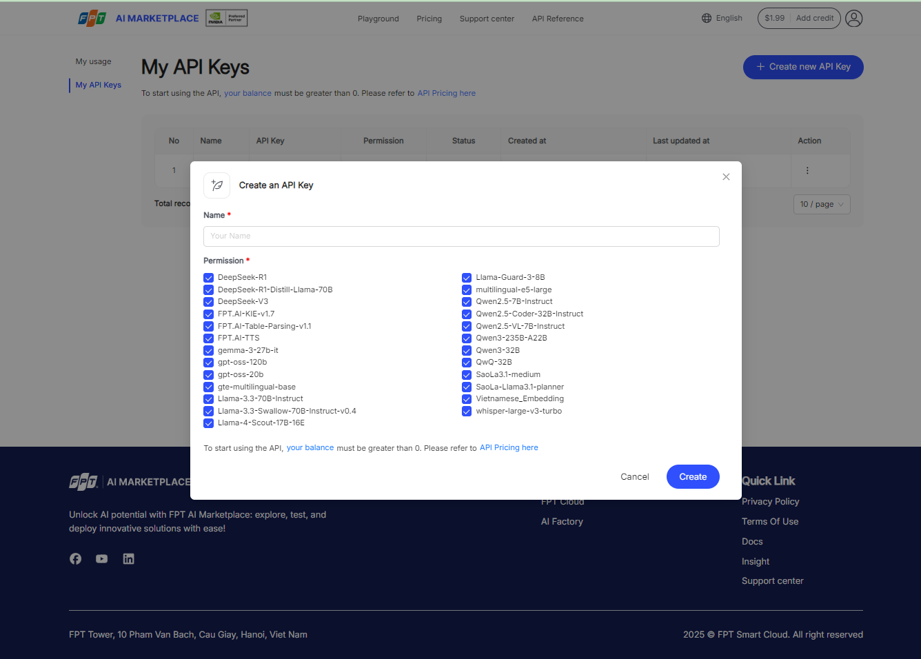 Pop-up tạo API key hiển thị ô nhập tên và lựa chọn mô hình