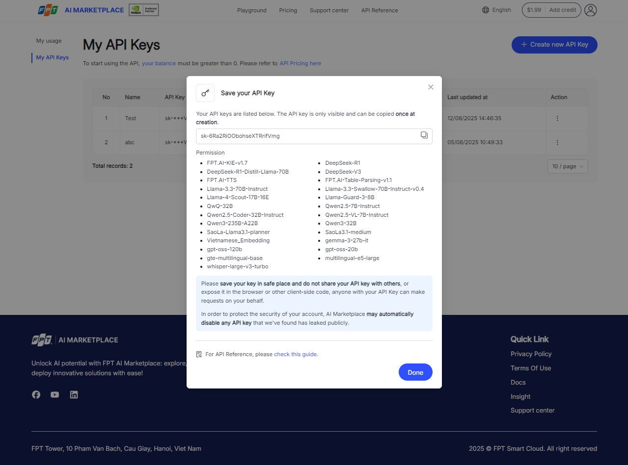 Nút Done xác nhận việc tạo API key