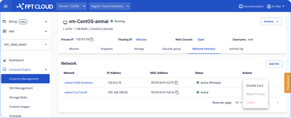 Chọn card NIC cần xóa