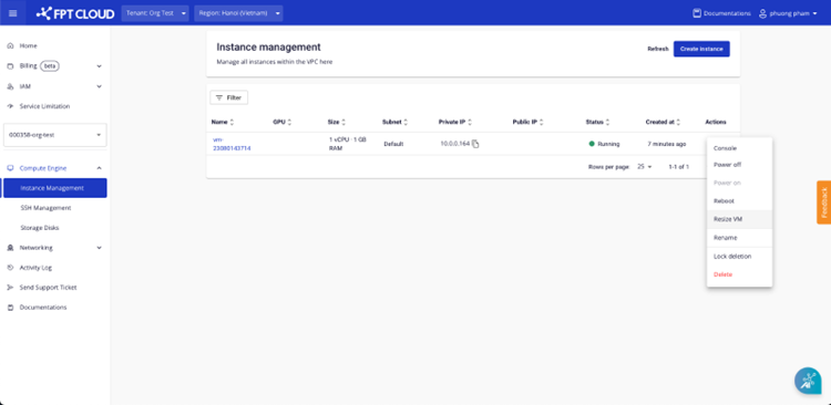 Chọn Resize VM