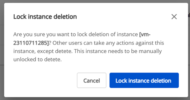 Hộp thoại xác nhận Lock Instance Deletion