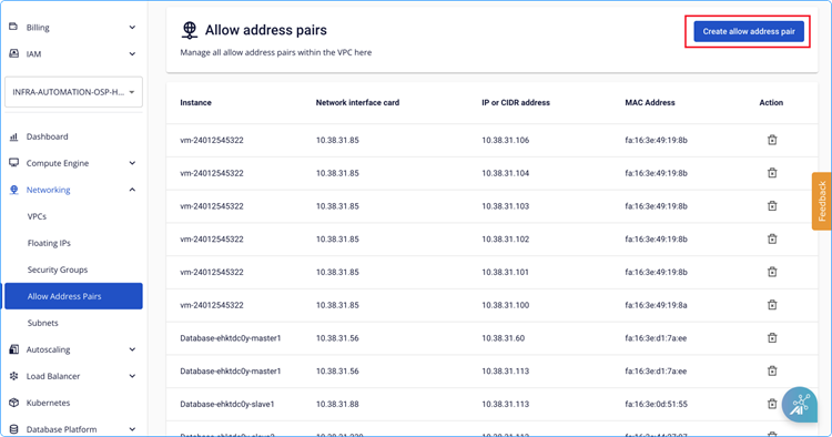 Màn hình quản lý Allow address pair