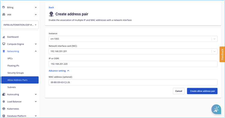 Cấu hình allow MAC address pair