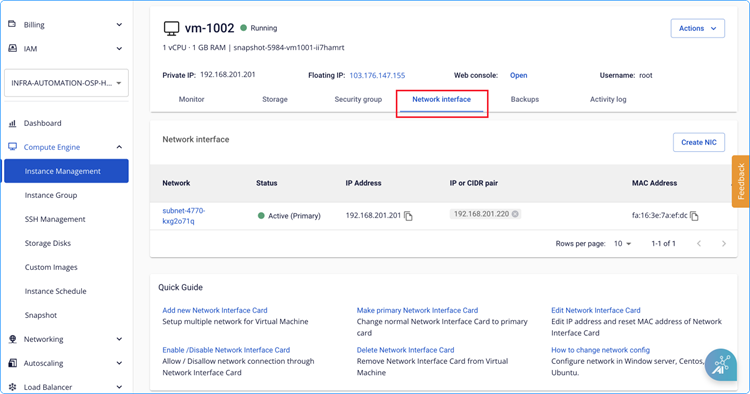 Màn hình Network Interface trong Instance Management