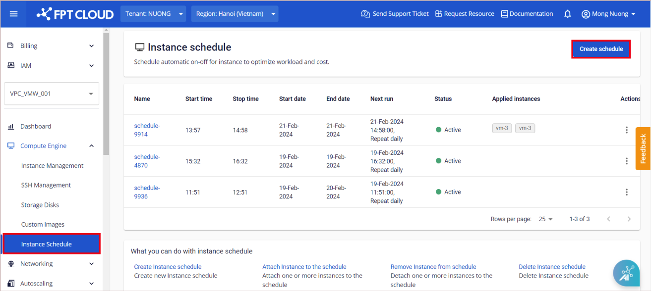 Màn hình danh sách instance schedule