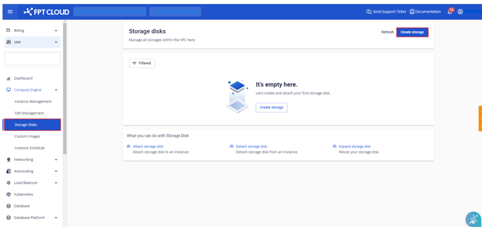 Màn hình Storage Disk với nút Create Storage