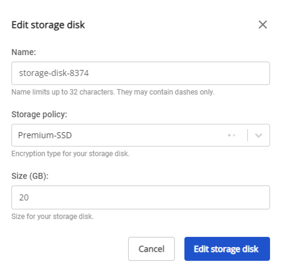 Hộp thoại Edit Storage Disk