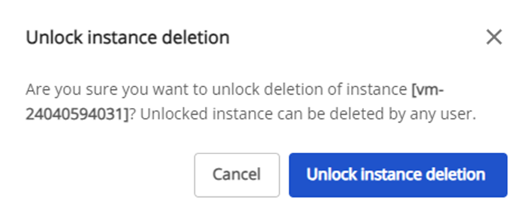 Hộp thoại xác nhận Unlock Instance Deletion