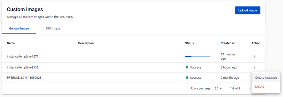 Menu Actions với tùy chọn Create Instance