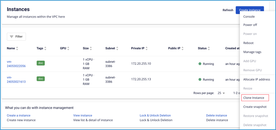 Menu Actions với tùy chọn Clone instance