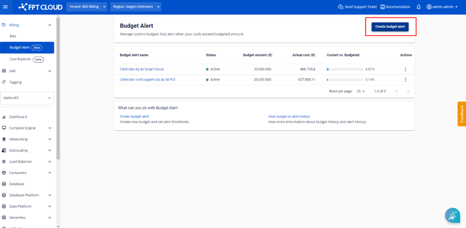 Nút Create Budget Alert