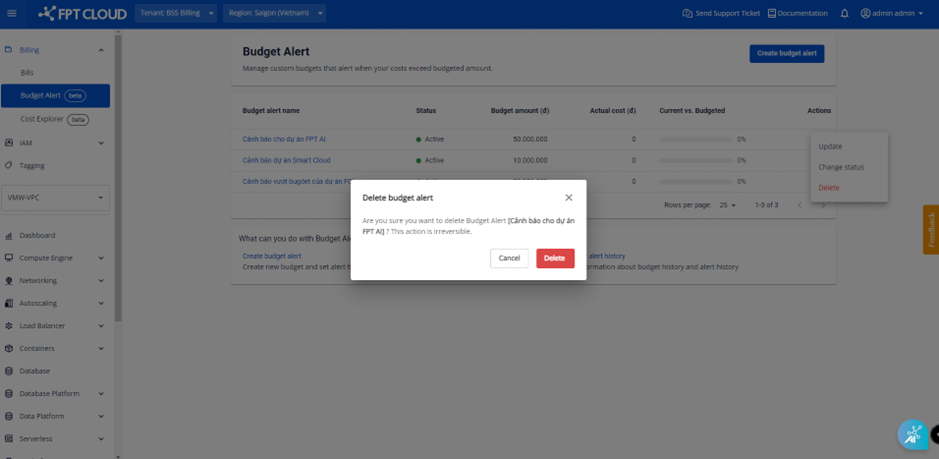 Hộp thoại xác nhận xóa Budget Alert