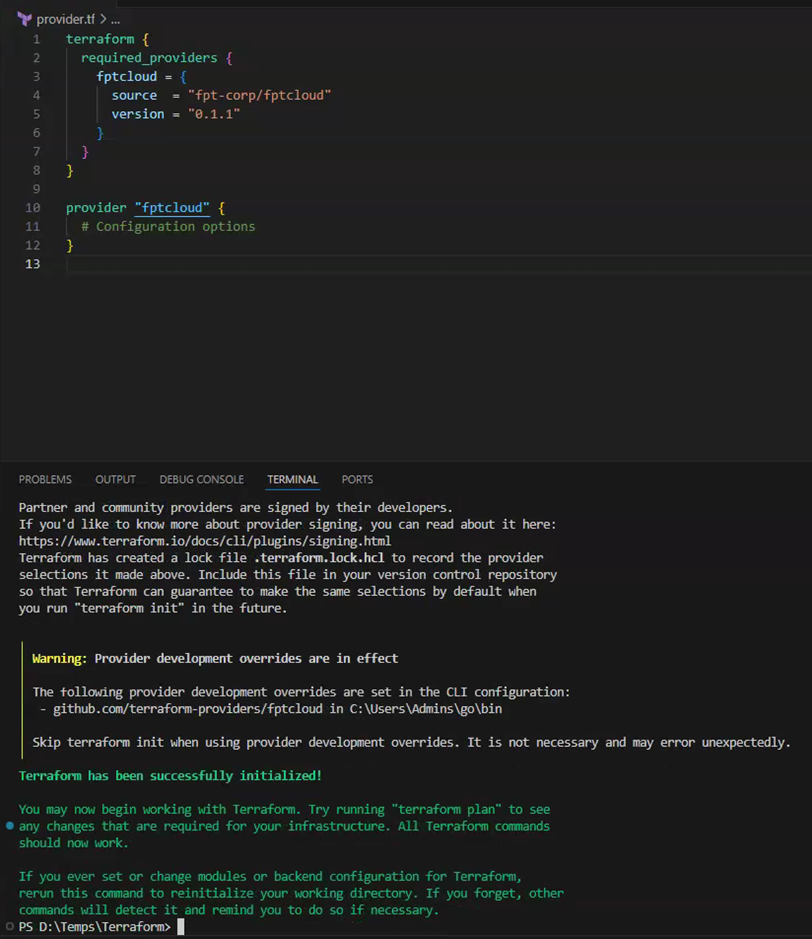 Kết quả lệnh terraform init