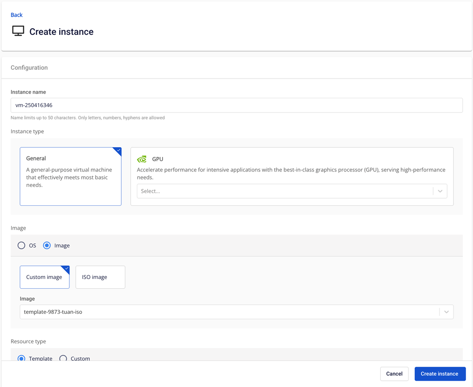 Hộp thoại Create Instance từ template