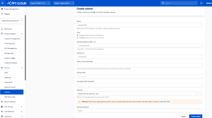 Tạo Subnet với Gateway Custom