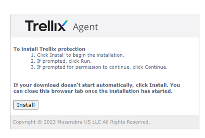 Trang cài đặt agent Trellix trên Windows