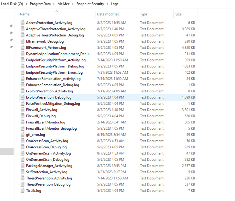 Thư mục chứa file log Endpoint Security