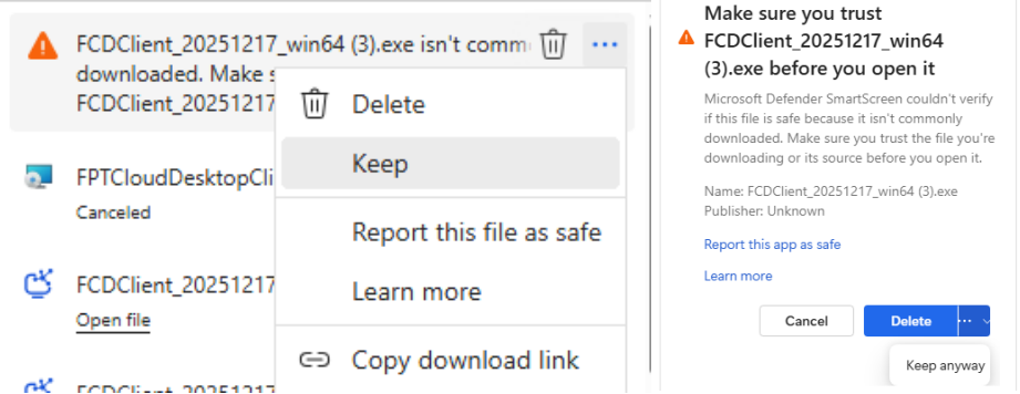 Xác nhận giữ file tải xuống