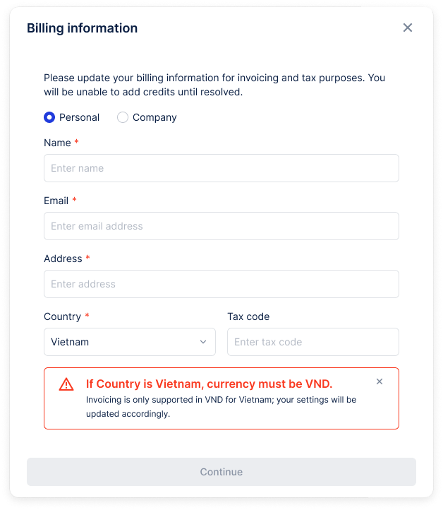 Pop-up thông tin billing khi nạp credits