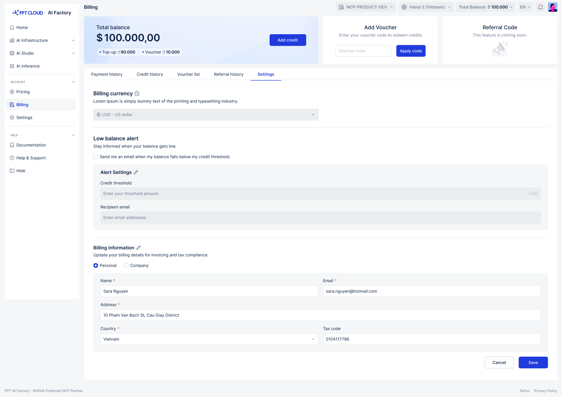 Màn hình chỉnh sửa cài đặt billing