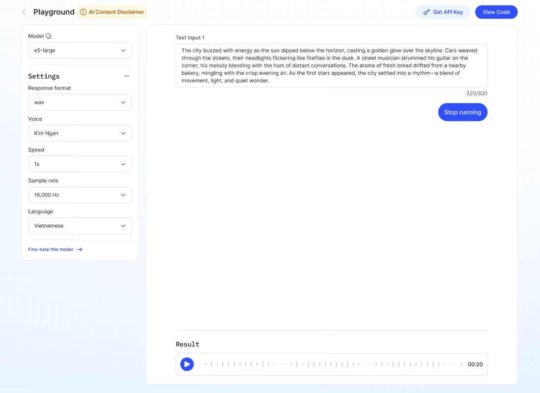 Giao diện playground TTS với các dropdown voice, speed và language
