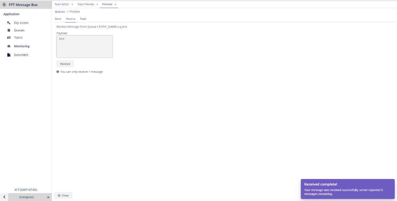 Tab Receive với nút Receive để nhận message từ subscription